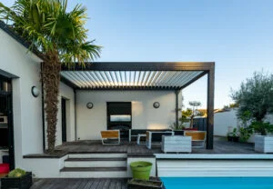 Trendy outdoor patio pergola shade structure.